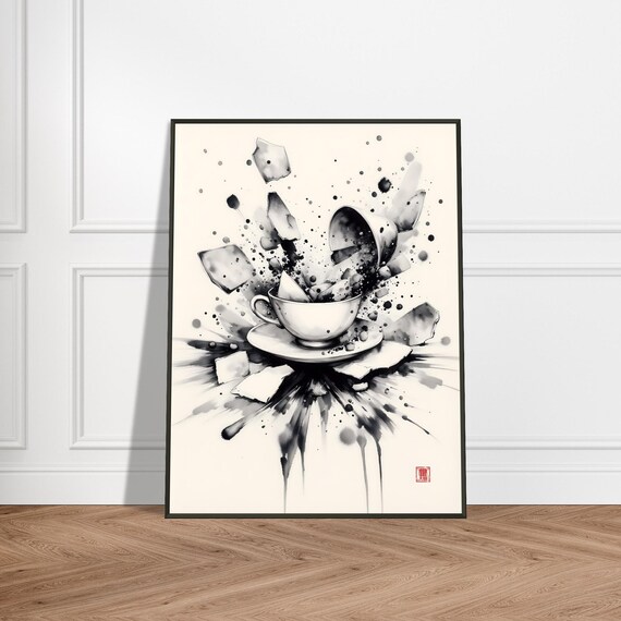 Shattered White Teacup Exploding Ink Splash Surreal Ink Poster