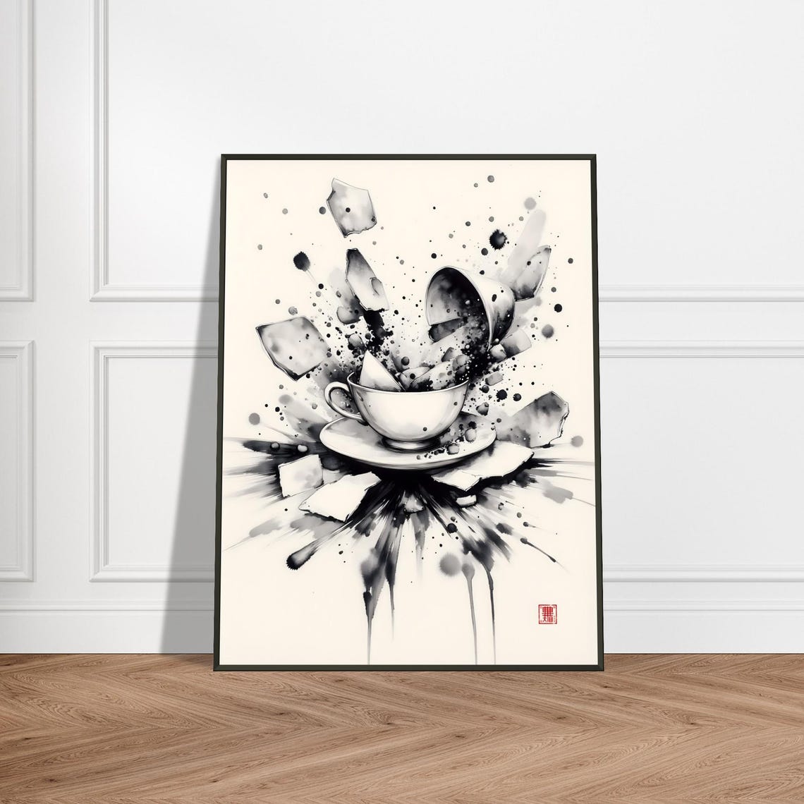 Shattered White Teacup Exploding Ink Splash Surreal Ink Poster