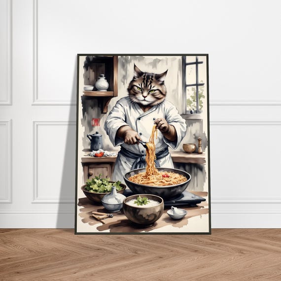 Chef Cat Cooking Noodles Japanese Art Print Whimsical Ramen Kitchen Illustration Culinary Wall Decor For Food Lovers