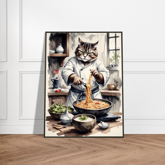 Chef Cat Cooking Noodles Japanese Ink Watercolor Kitchen Poster