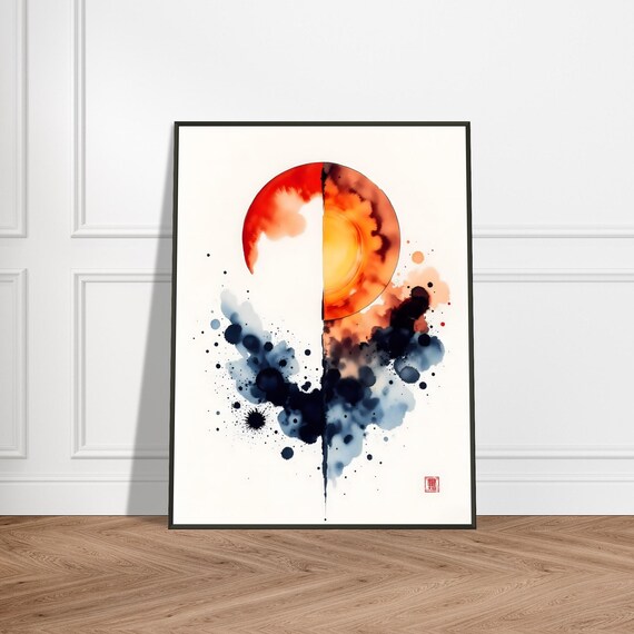 Split Red Sun Over Abstract Ink Wash Balance Modern Poster Art
