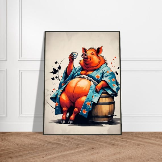 Boar In Kimono Wall Art With Metal Frame Japaneseinspired Ink Illustration Maple Leaf Motif Barrel And Tea Scene Vibrant Colors