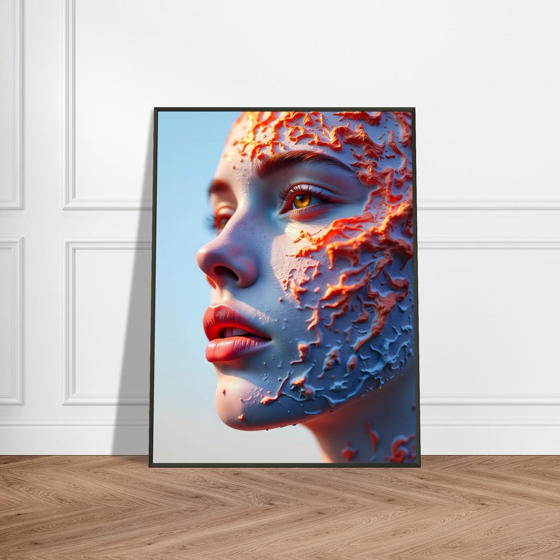Surreal Blue Portrait With Orange Lava Texture Abstract Art Poster