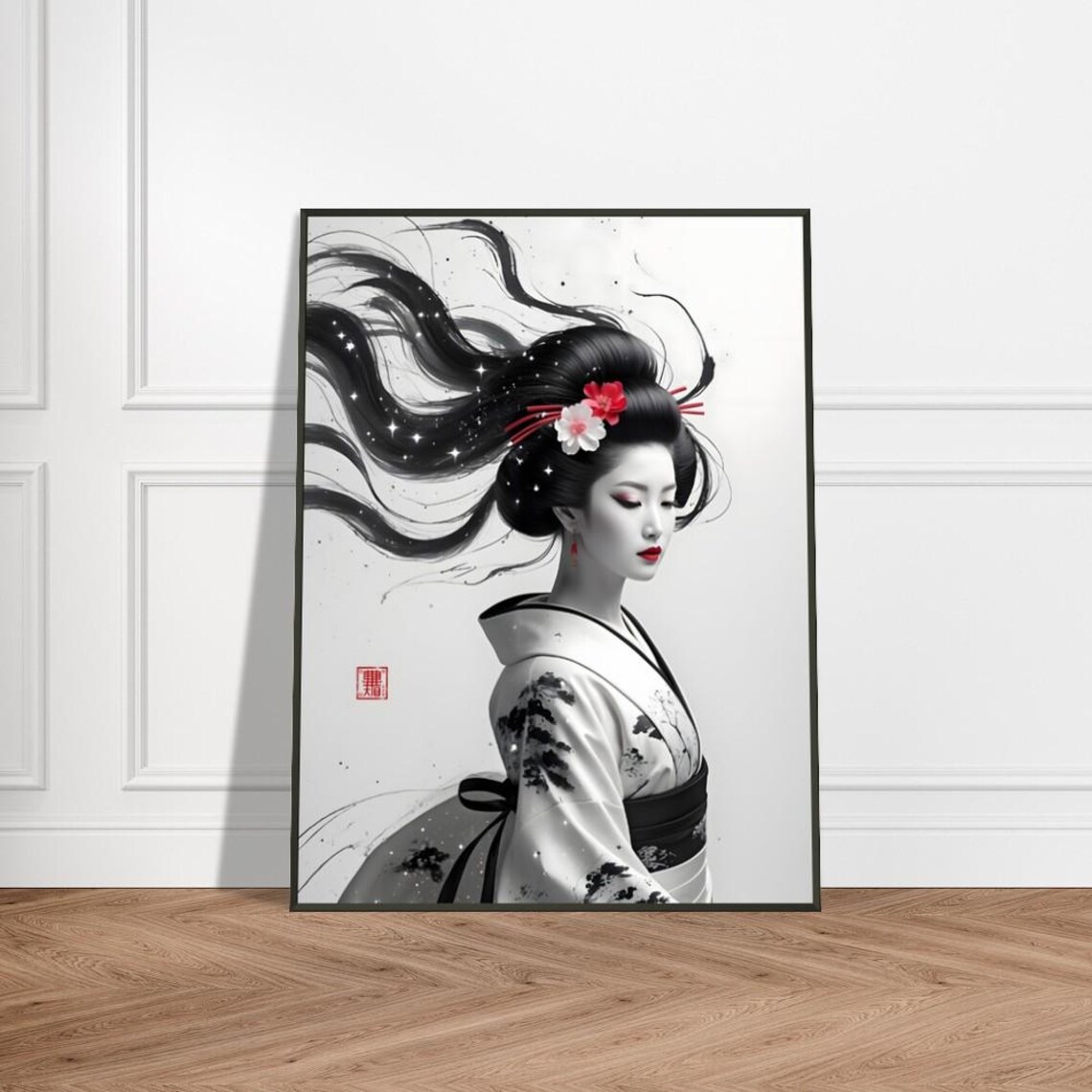 Geisha Wall Art Japanese Ink Wash Painting With Flowing Hair And Cherry Blossom Hairpiece Metal Frame Elegant Traditional Decor