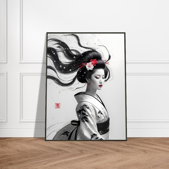 Elegant Geisha With Flowing Black Hair in a White Kimono Poster