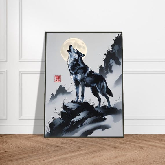 Wolf Wall Art Japanese Ink Wash Painting With Full Moon And Mountain Scene Metal Frame Bold Natureinspired Decor For Home Or Office