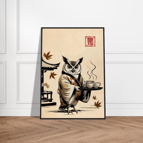Japanese Autumn Owl Art Print In Kimono With Tea Tray Traditional Asianinspired Illustration Zen Wall Decor Falling Leaves