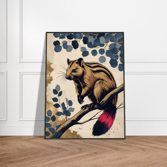 Striped Possum With Redtipped Tail Japaneseinspired Wildlife Art Ukiyoe Style Nature Illustration Unique Animal Wall Decor