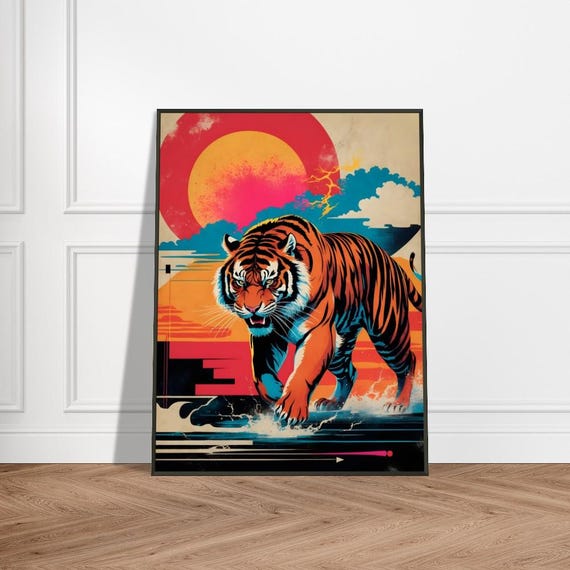 Tiger Stalking At Sunset Japaneseinspired Metal Framed Art Print Vibrant Red Sun Dynamic Clouds And Bold Ukiyoe