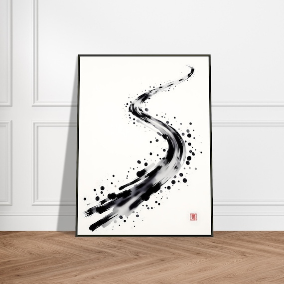 Winding Ink Brushstroke Path Minimalist Zen Japanese Art Poster