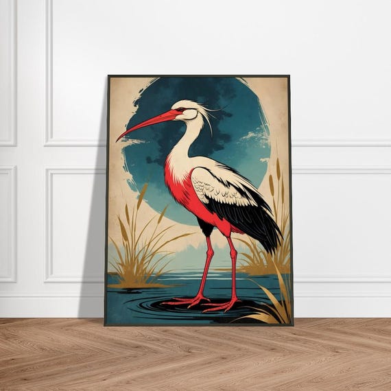 Redcrested Crane In Tranquil Marsh Japaneseinspired Bird Art Elegant Wildlife Illustration Nature Wall Decor
