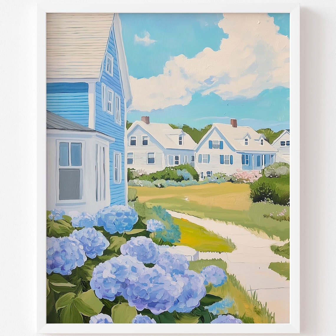 Nantucket Cottage Street Blue Hydrangeas Vintage Coastal Poster