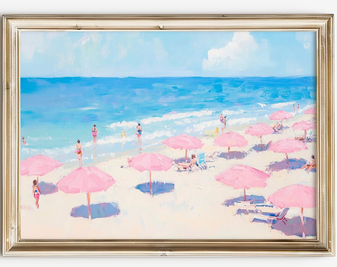 Pink Umbrella Beach Scene Pastel Seaside Summer Watercolor Poster