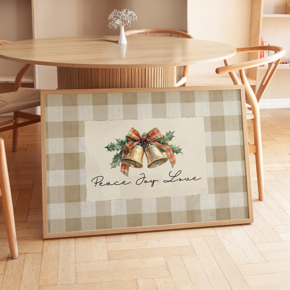 Vintage Christmas Bells Peace Joy Love Holiday Plaid Bow Poster