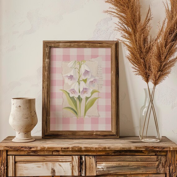 White Bellflower Blossoms Pink Gingham Farmhouse Decor Art Poster