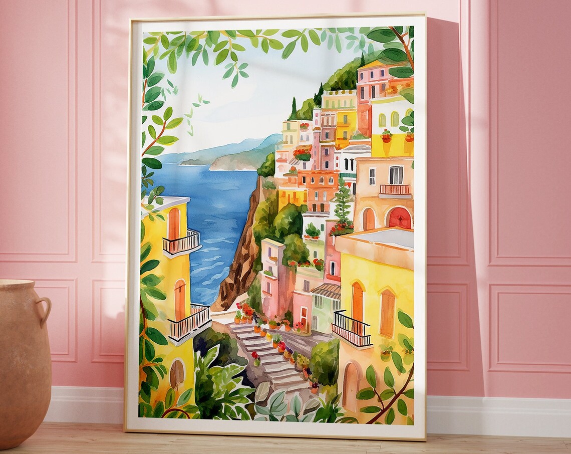 Sorrento Italy Watercolor Travel Poster, Amalfi Coast