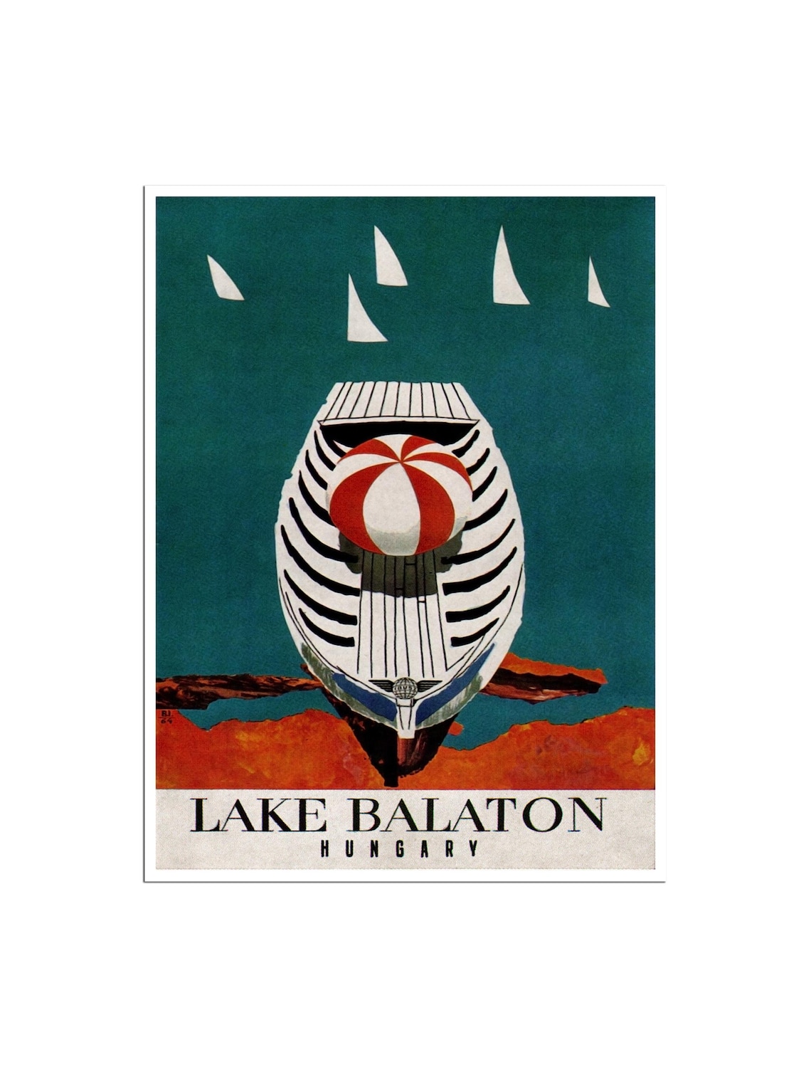 Lake Balaton Hungary Rowboat Beach Ball Sailboats Travel Poster