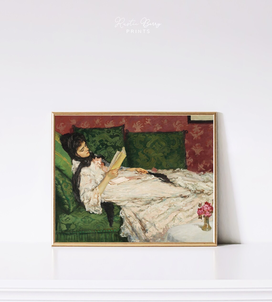 Vintage Woman Reading Book on Green Sofa Romantic Antique Art Print