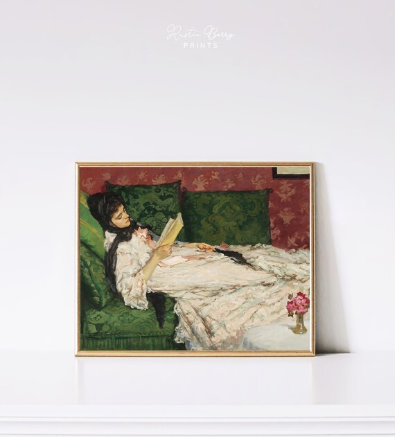 Vintage Woman Reading Book on Green Sofa Romantic Antique Art Print