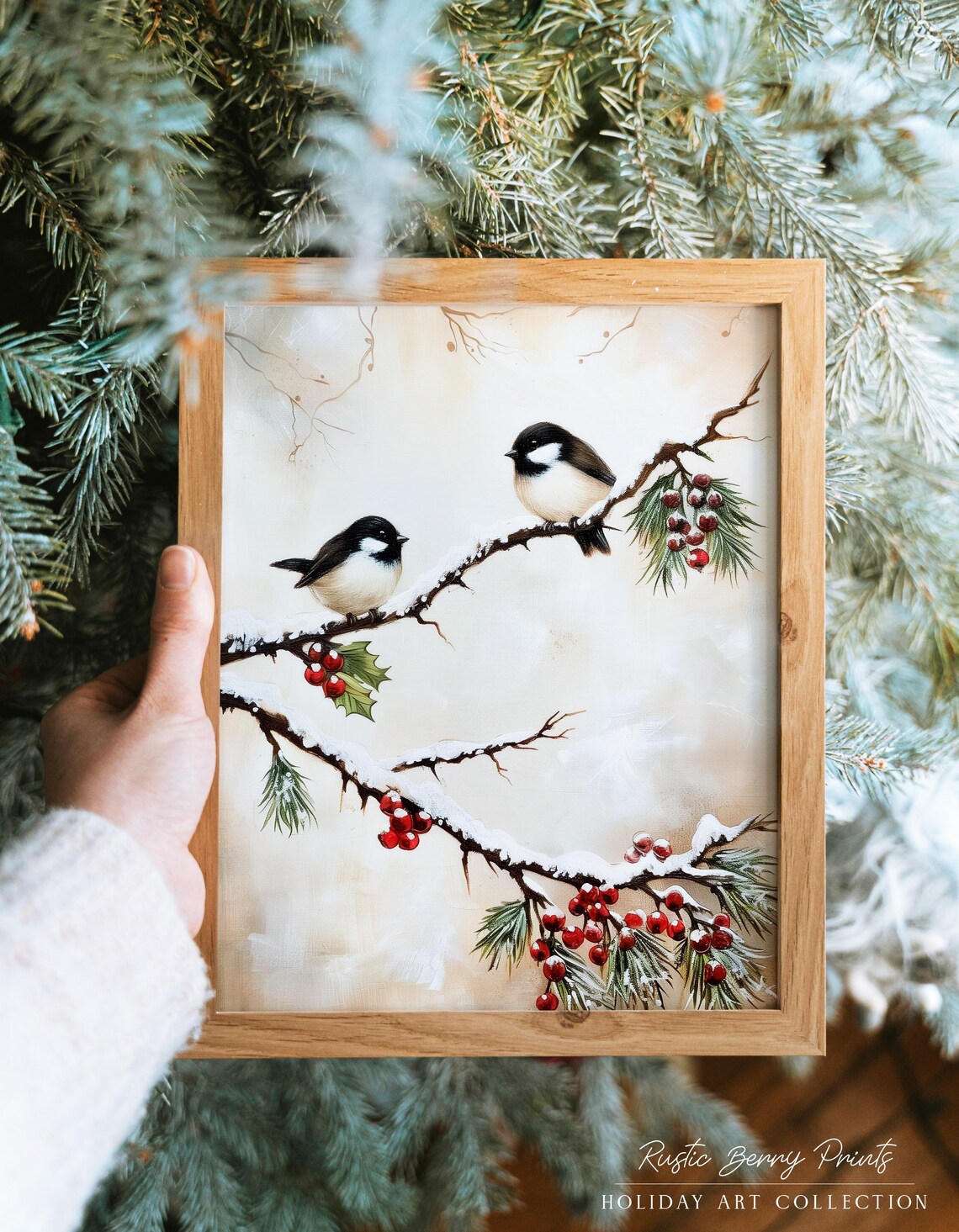 Chickadees Snowy Branch Red Winter Berries Bird Wall Art Print
