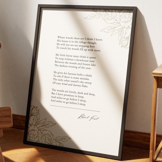 Robert Frost Stopping By Woods Poem Poster Gold Floral Winter Woods Art
