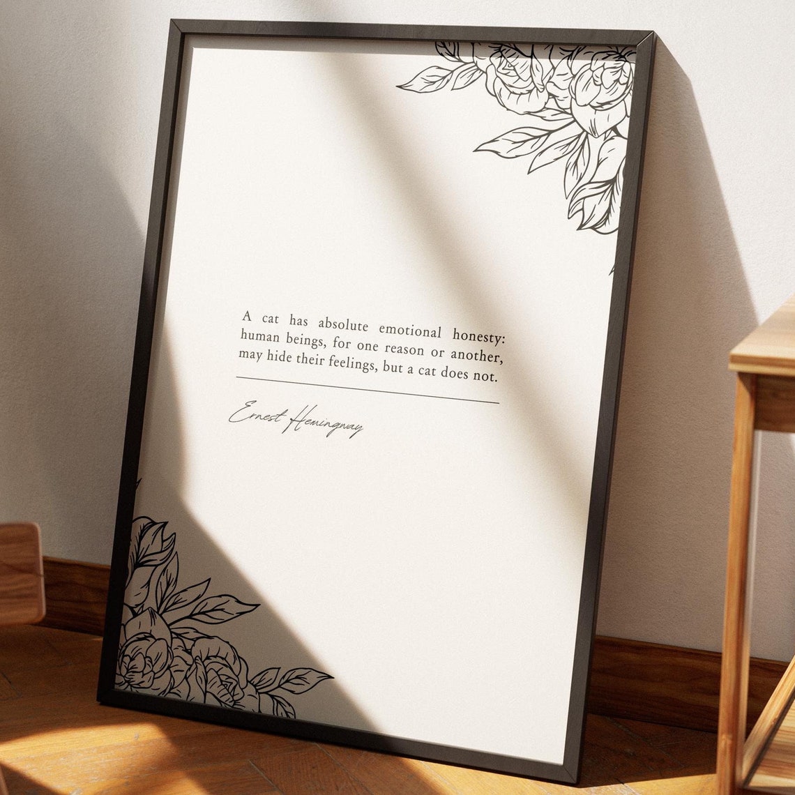 Ernest Hemingway Cat Emotional Honesty Floral Minimalist Quote Poster