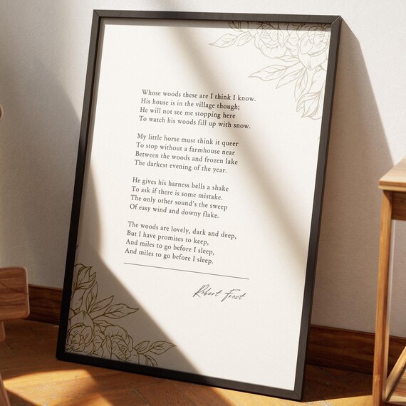 Robert Frost Stopping By Woods Snowy Evening Poem Poster Gold Floral