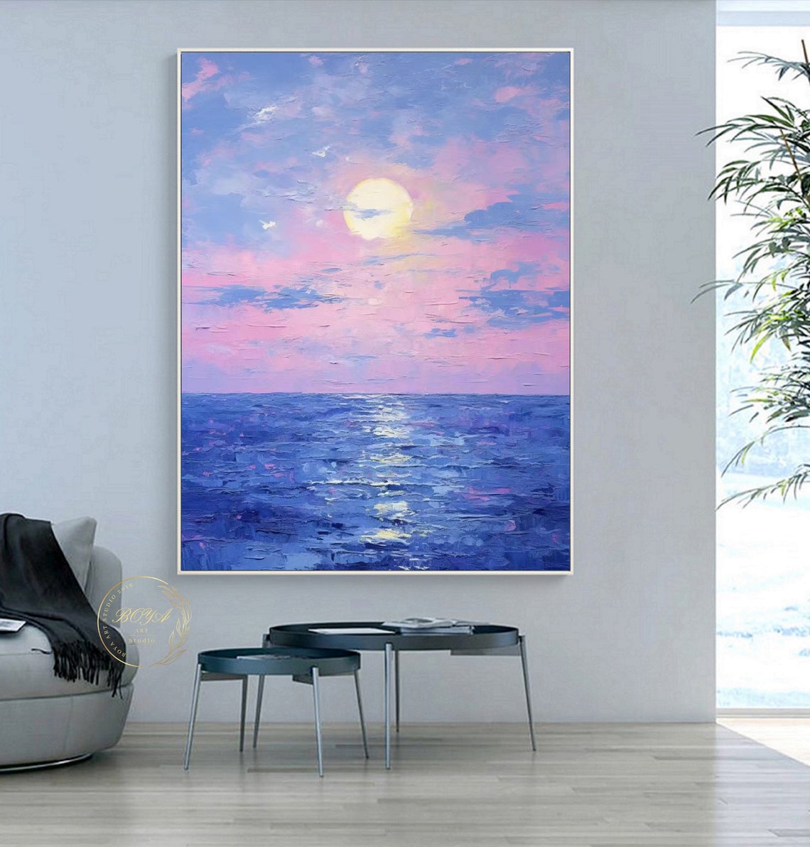 Glowing Purple and Pink Full Moon Rising Over the Ocean Poster - Image 4