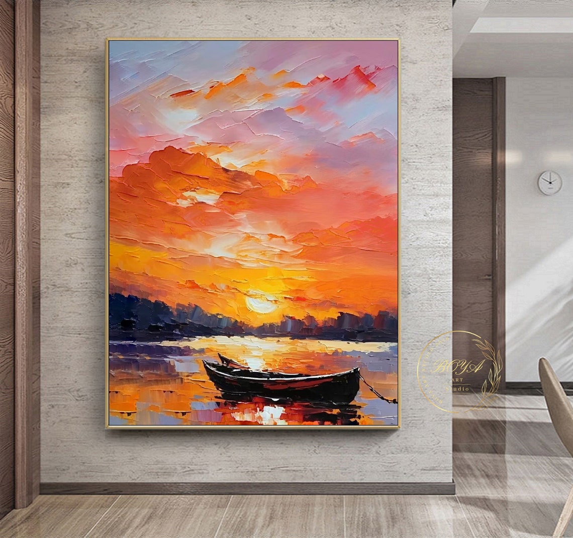 Vibrant Orange Sunset and Lone Boat Over Golden Water Poster - Image 4