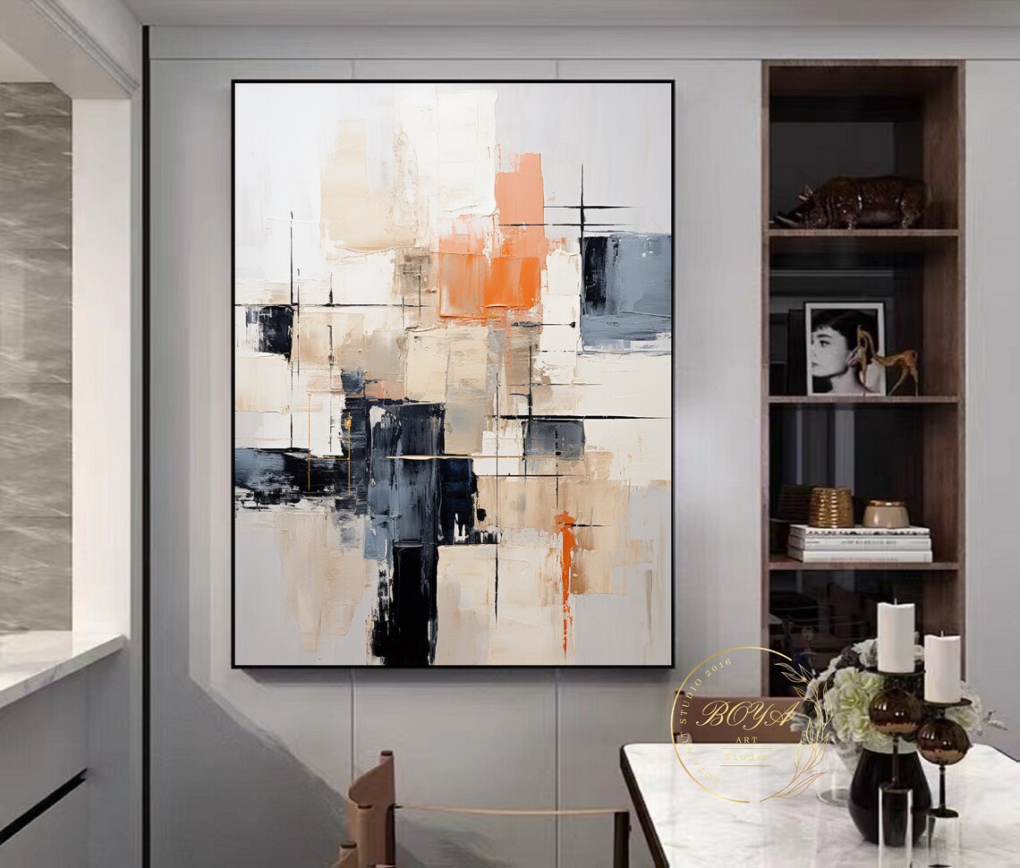 Beige Abstract Oil Painting, Black White Art Print - Image 2