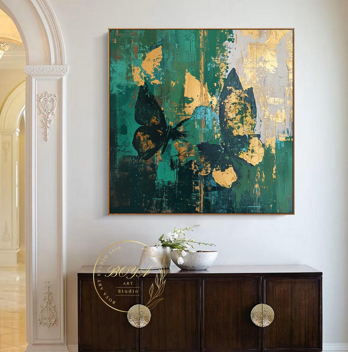 Black Gold Butterflies on Green Textured Abstract Art Poster - Image 3