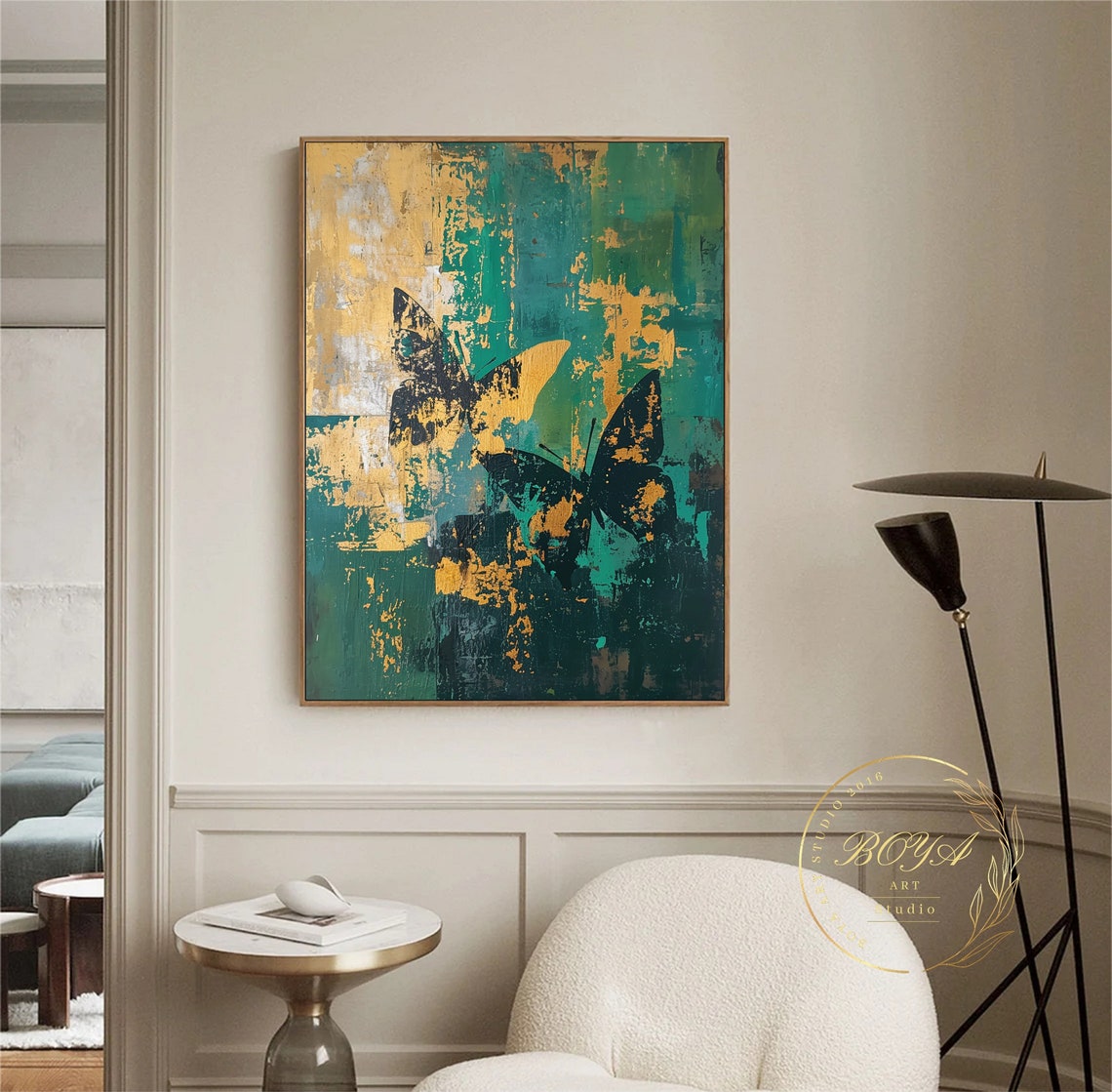 Original Butterfly Wall Art Large Green Oil Painting Gold Abstract Art Green Textured Painting Butterfly Abstract Painting Modern Art - Image 4