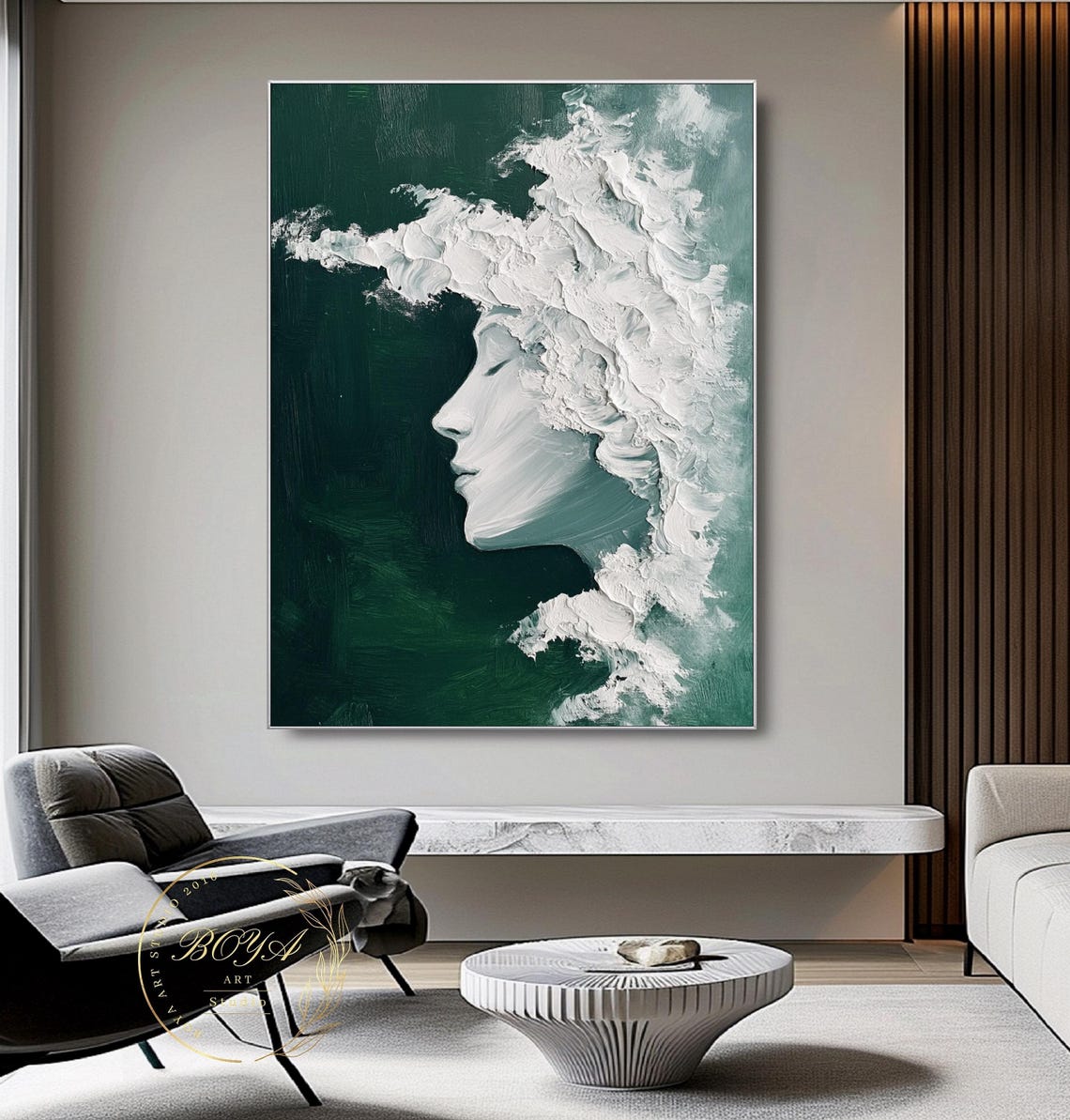 Serene Flowing White Impasto Hair Portrait on Deep Green Poster - Image 5