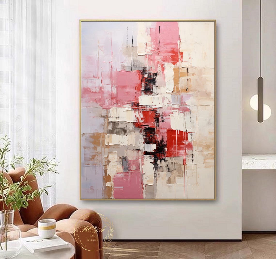 Warm Pink and Beige Block Brushstroke Modern Abstract Poster - Image 3