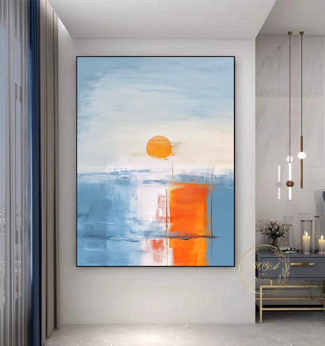 Minimalist Blue Sea Horizon with a Large Bold Orange Sun Poster - Image 2