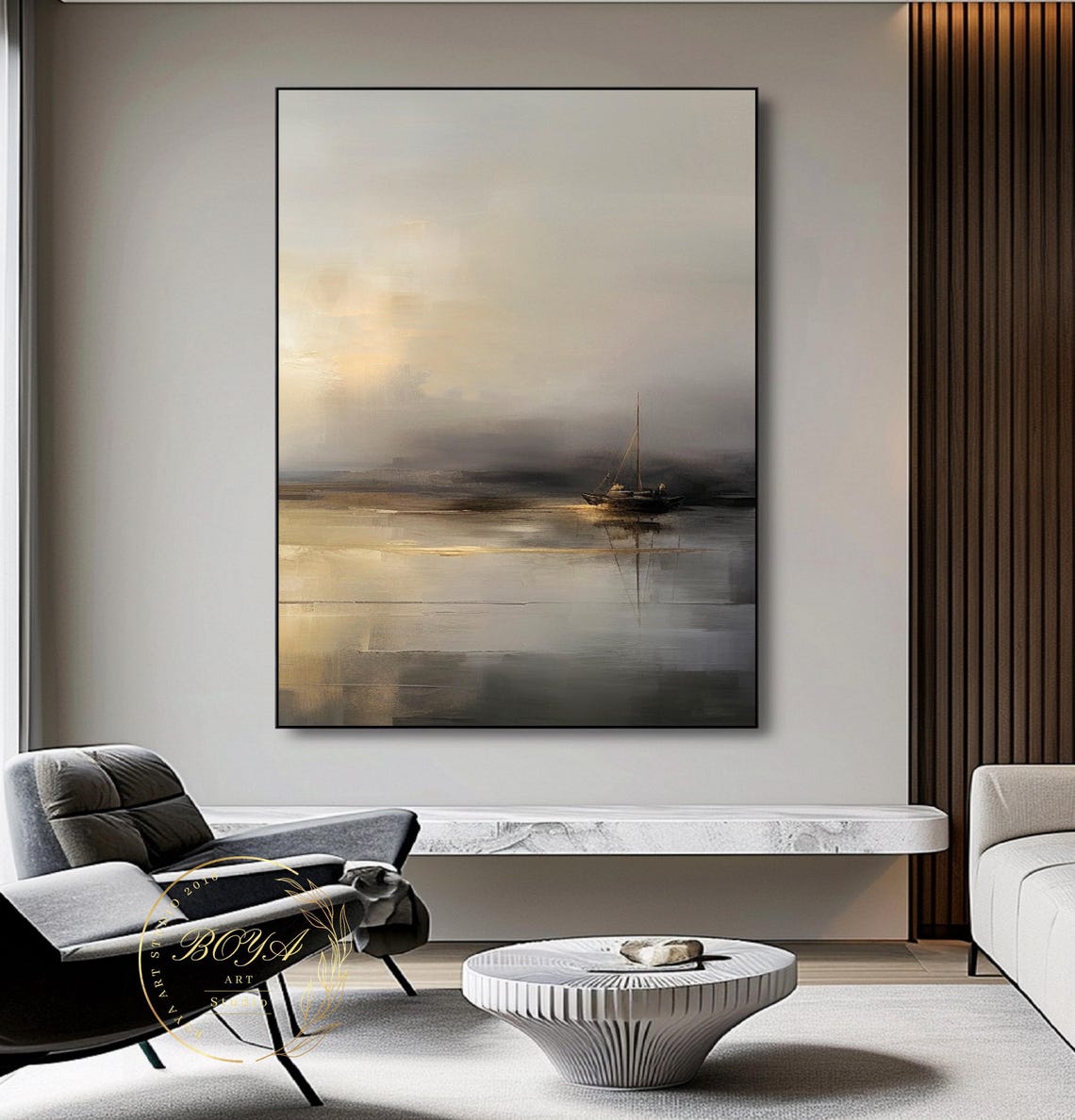 Sailboat Abstract Art Beige Abstract Painting Original Seascape Painting Beige Textured Art Large Minimalist Wall Art Gold Abstract Painting - Image 4