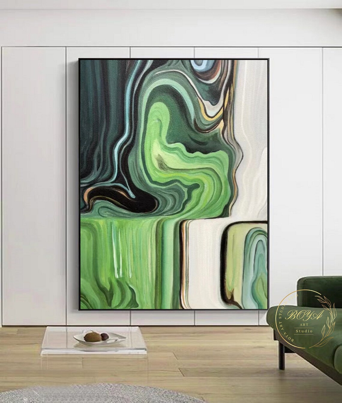 Deep Green Marble Waves Swirling Elegant Abstract Painting Poster - Image 2