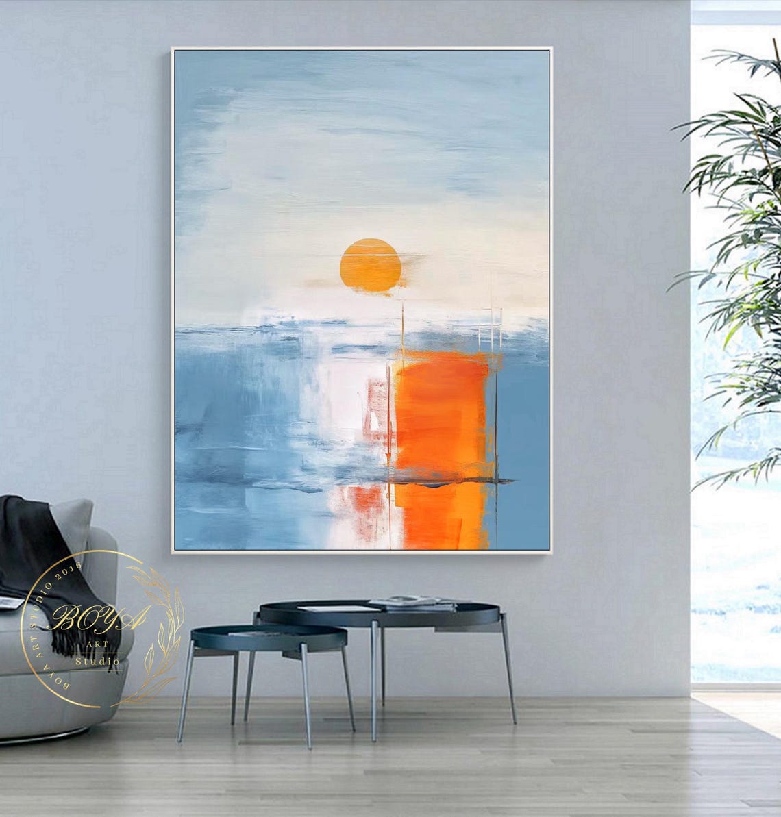 Minimalist Blue Sea Horizon with a Large Bold Orange Sun Poster - Image 5