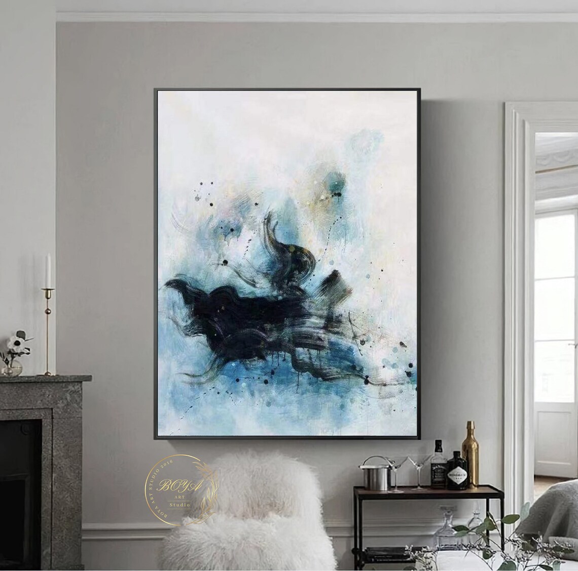 Horizontal Dark Ink Wash on White and Blue Abstract Artwork Poster - Image 5