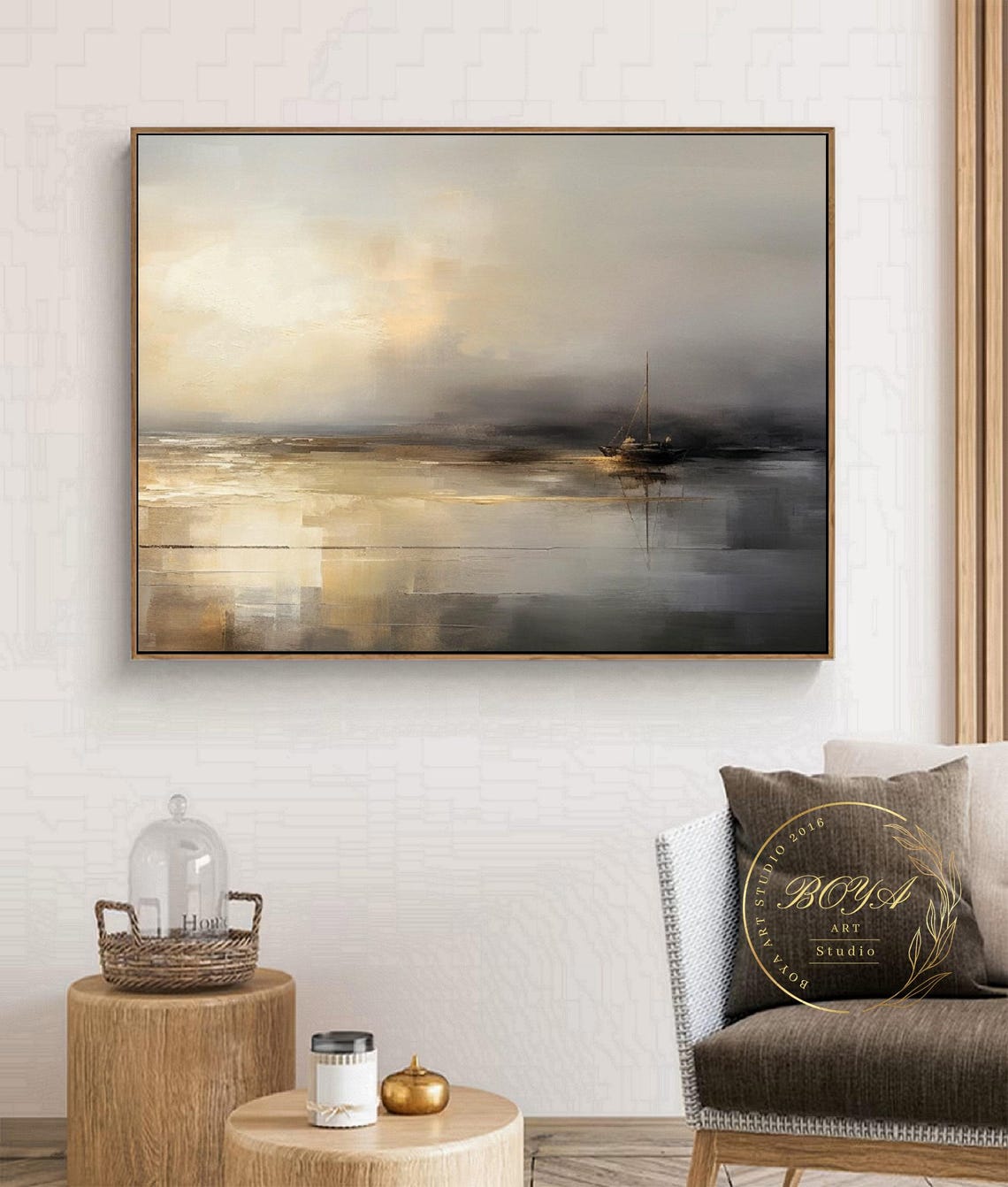 Minimalism Beige Wall Art Sailboat Abstract Painting Large Seascape Wall Art Black Gold Abstract Painting Original Beige Abstract Painting - Image 2