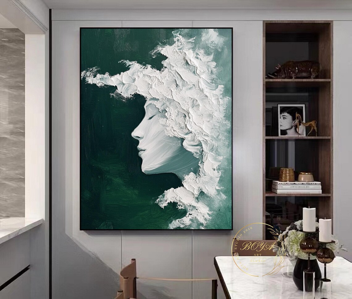 Serene Flowing White Impasto Hair Portrait on Deep Green Poster - Image 4