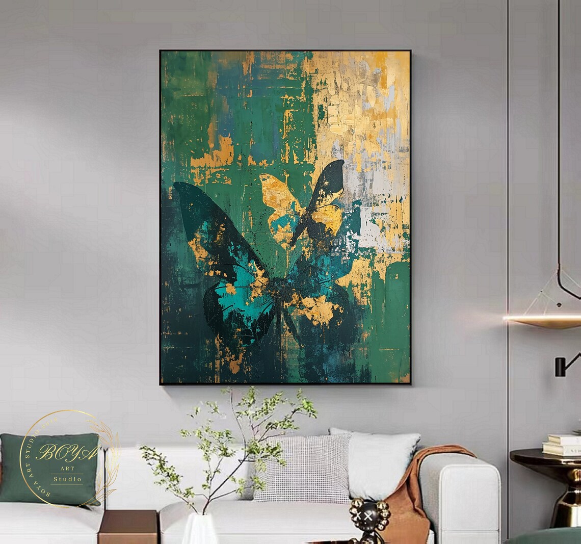 Green Butterfly Abstract Art, Gold-Textured Art Print - Image 3