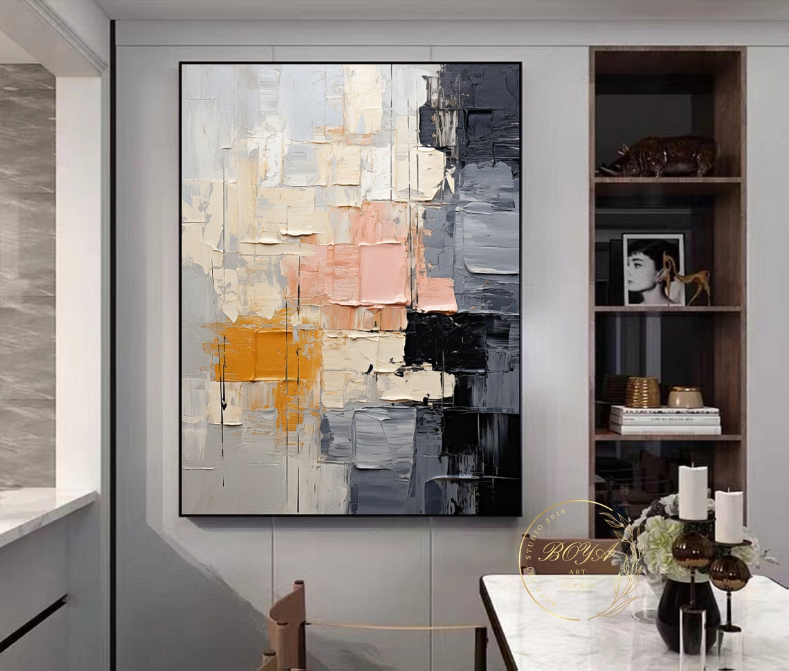 Original Black White Textured Art Large Black White Painting Pink Abstract Painting Minimalist Wall Art Beige Oil Painting Gray Art - Image 2