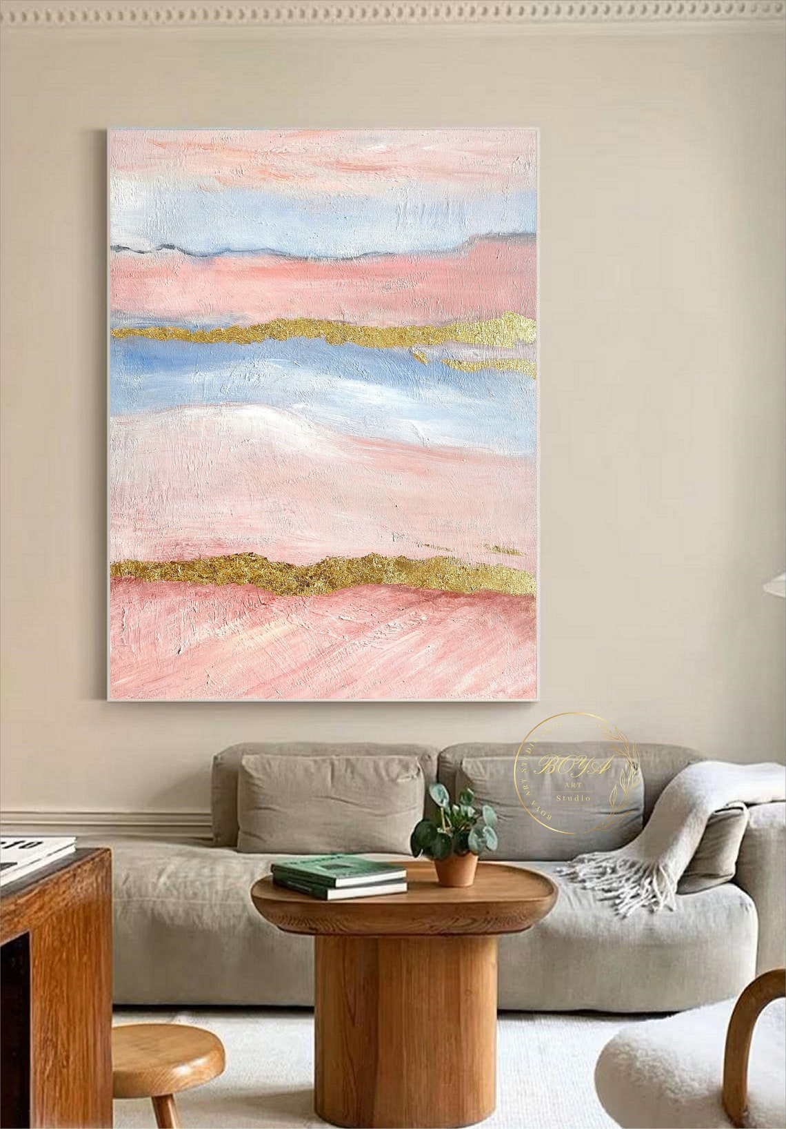 Elegant Pink and Blue Stripes with Gold Leaf Abstract Poster - Image 2