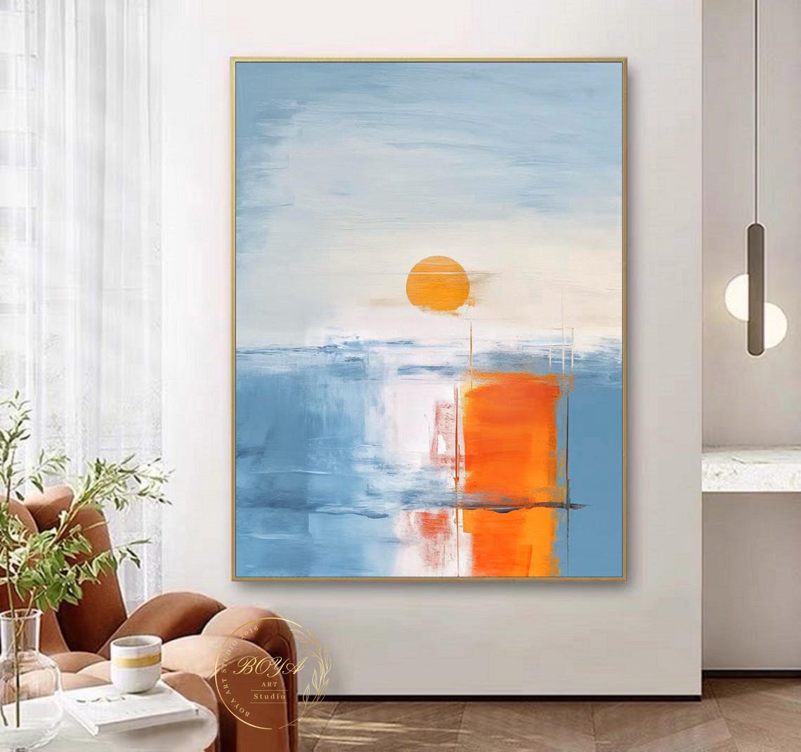 Minimalist Blue Sea Horizon with a Large Bold Orange Sun Poster - Image 3