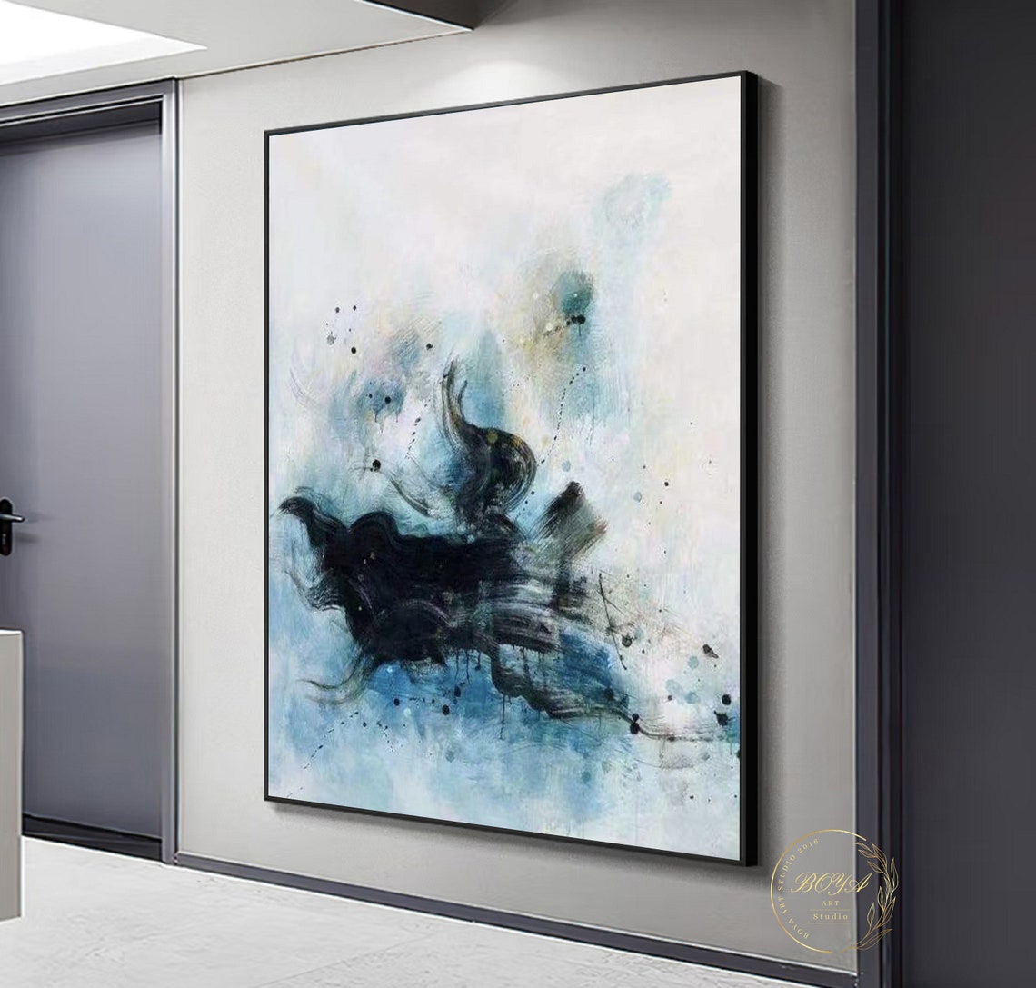 Horizontal Dark Ink Wash on White and Blue Abstract Artwork Poster - Image 4