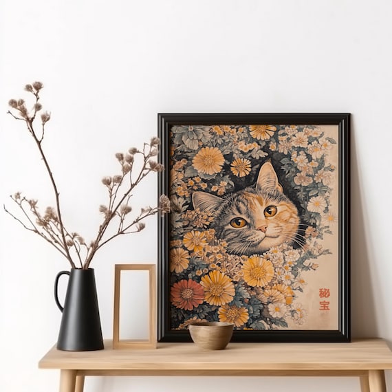 Tabby Cat in Chrysanthemums Japanese Style Vintage Floral Poster
