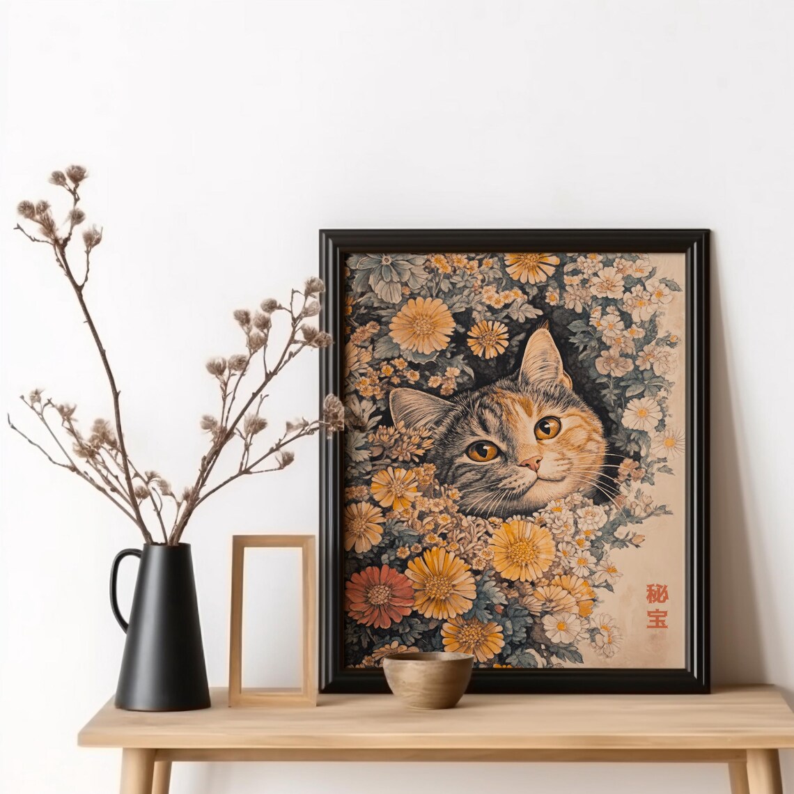Tabby Cat in Chrysanthemums Japanese Style Vintage Floral Poster