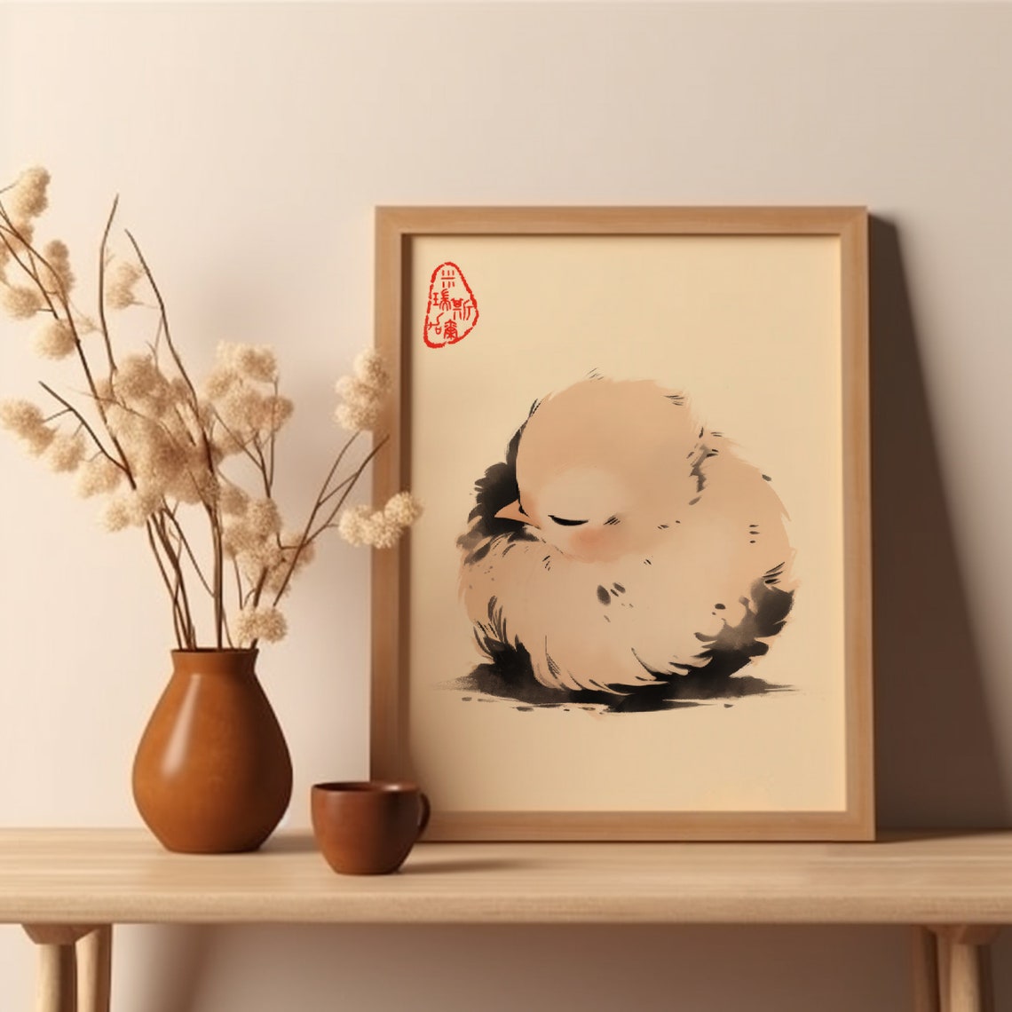 Sleeping Baby Chick Japanese Sumi Ink Wash Nursery Art Poster