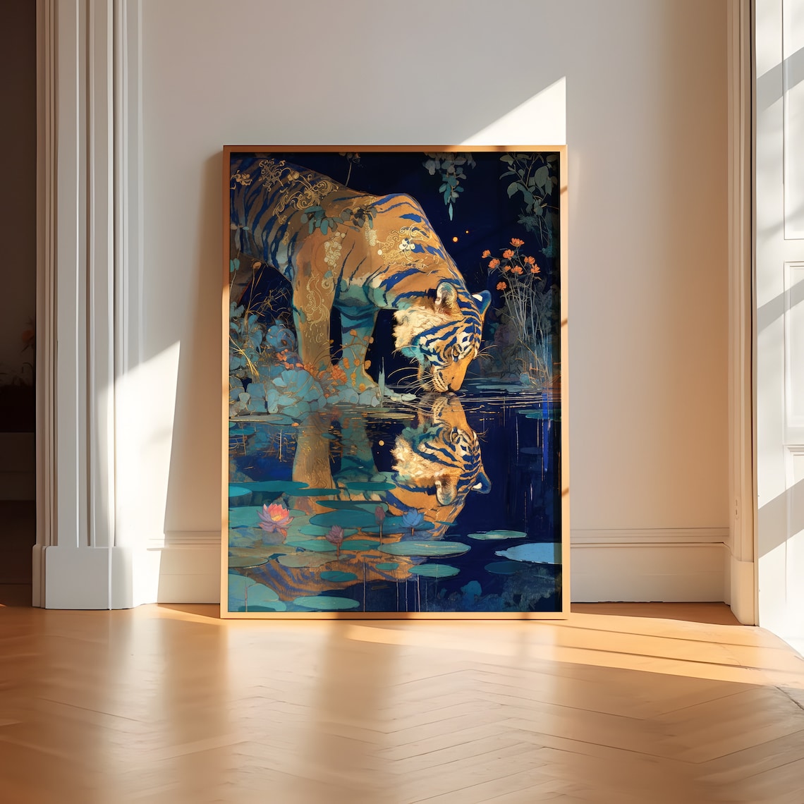 Tiger At Pond Art Print, Maximalist Zodiac Poster